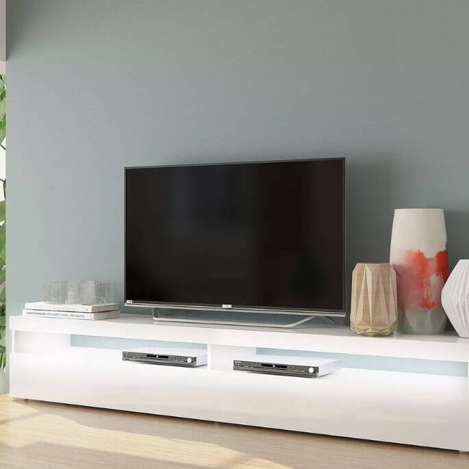 Meuble TV moderne 200 cm blanc laqué brillant Benedict